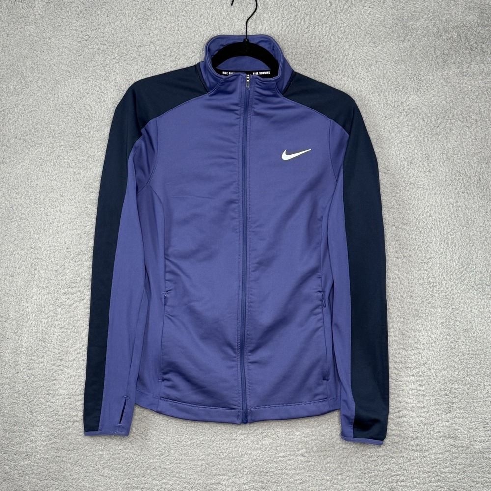 Nike Running Dri Fit Full Zip Top Womens M Blue Fleece Sweater Mock Neck Pockets